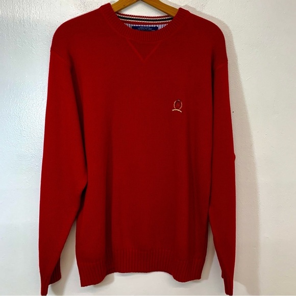 Tommy Hilfiger Red Sweater Men Large Crew Neck 100% Cotton  Long Sleeve Logo - Picture 1 of 10